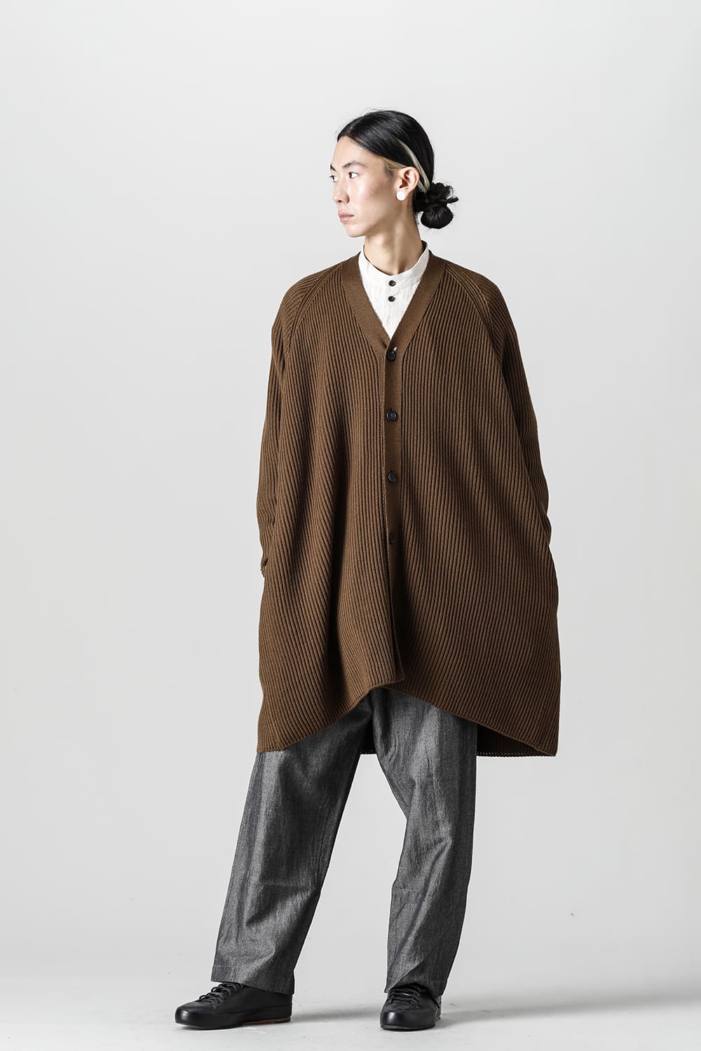 KNITTED CARDIGAN COAT Fine Merino Wool Mud