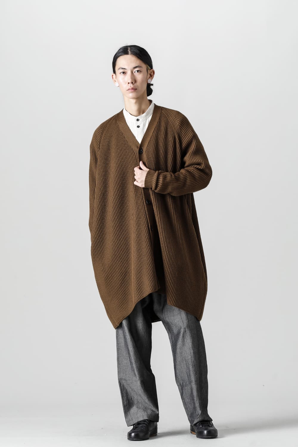 KNITTED CARDIGAN COAT Fine Merino Wool Mud