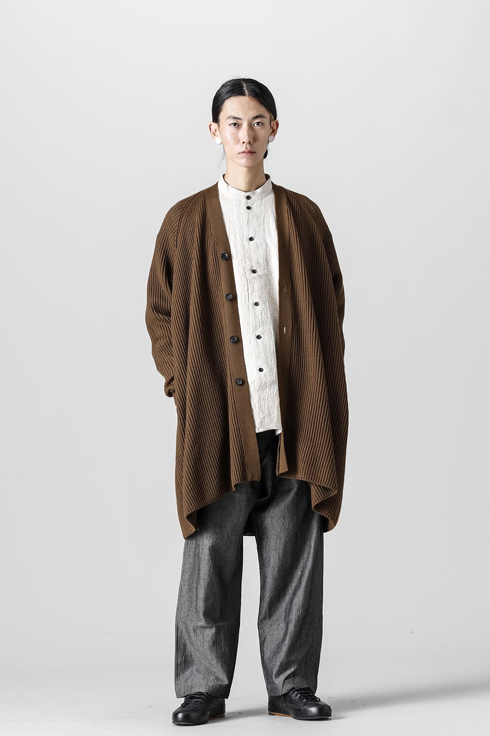 KNITTED CARDIGAN COAT Fine Merino Wool Mud