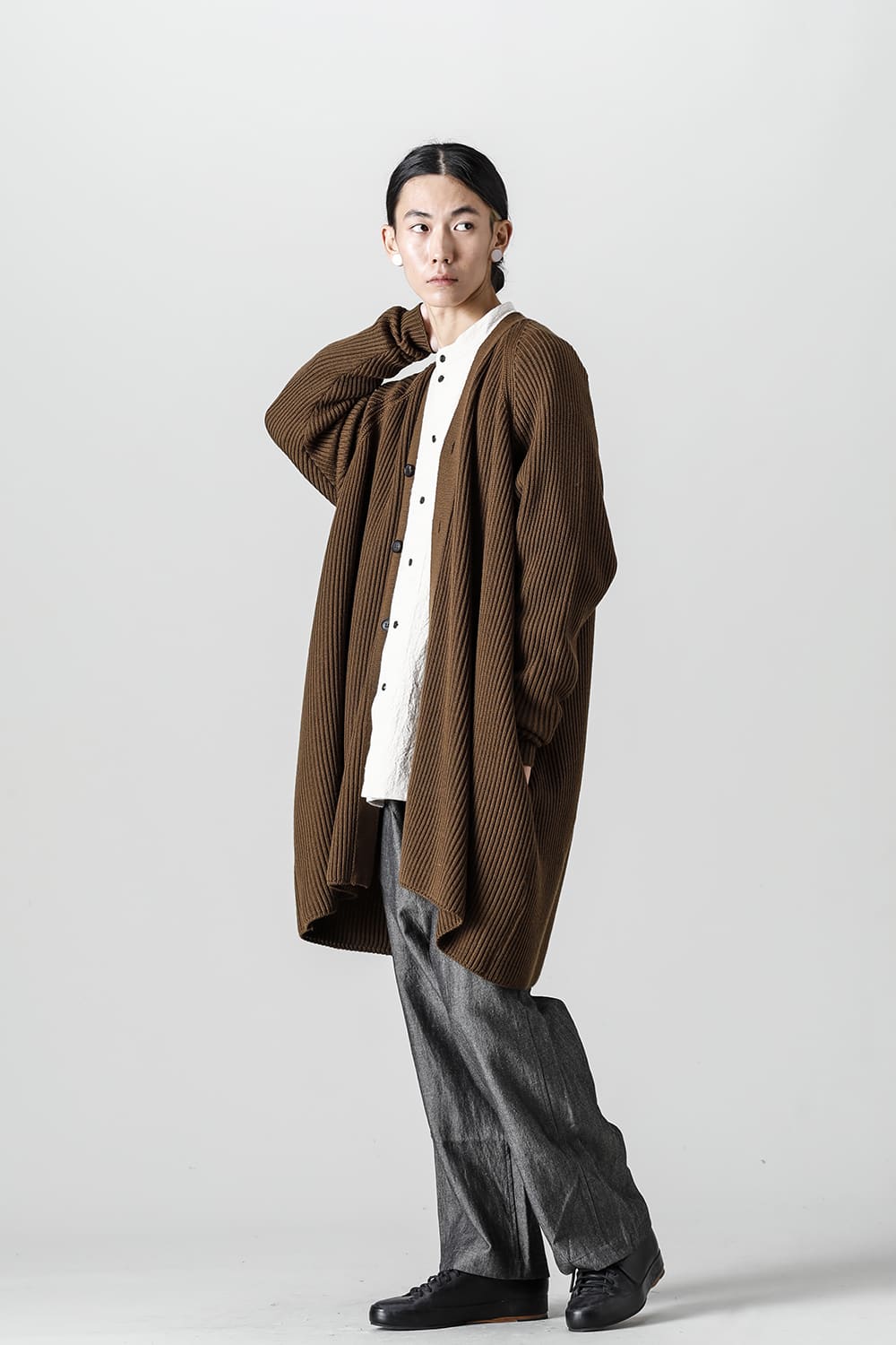 KNITTED CARDIGAN COAT Fine Merino Wool Mud