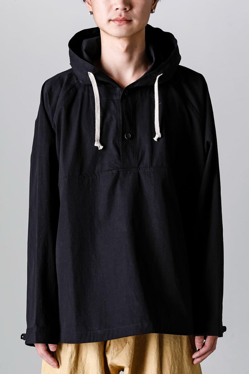 HOODED PULLOVER JACKET BLACK Water-Repellent Dense Cloth