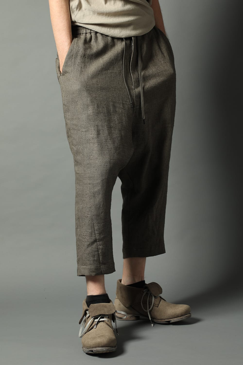 Dropcroch cropped pants silk linen crazy check  Beige Gray
