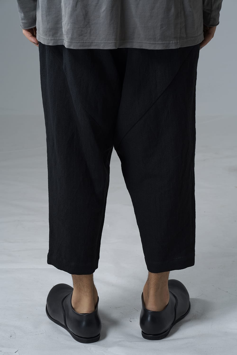 Drop crotch cropped pants cotton ramie shrink