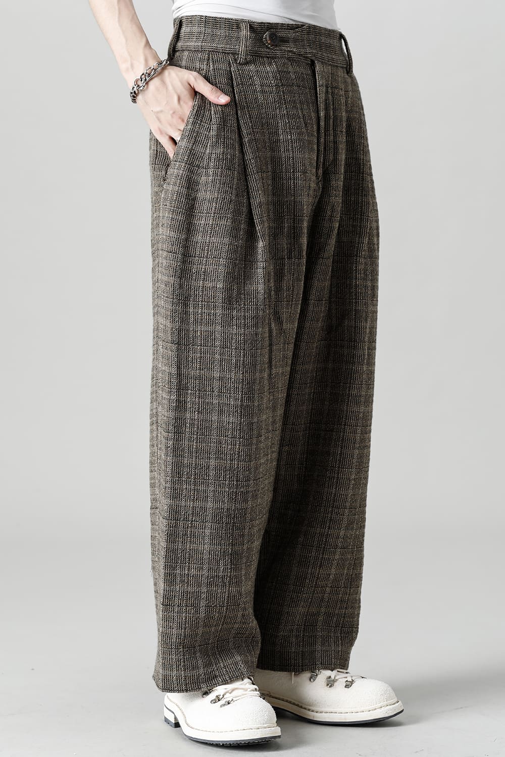 Classic Pleated Wide Leg Plaid Trousers