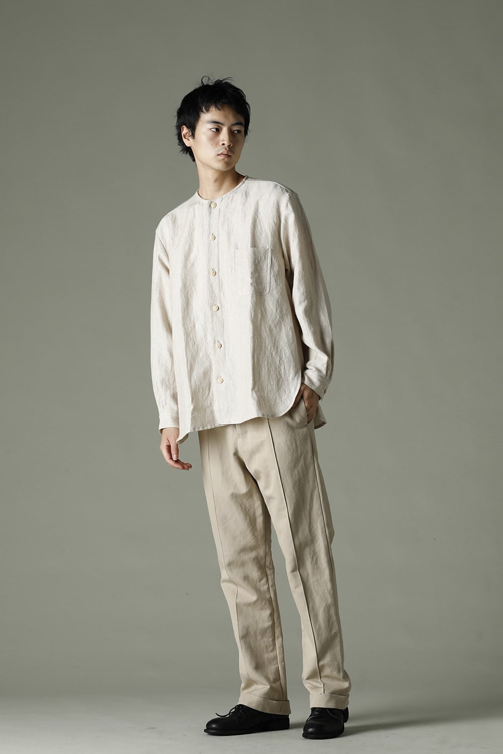 Open Collar Shirt Wool Linen Ecru