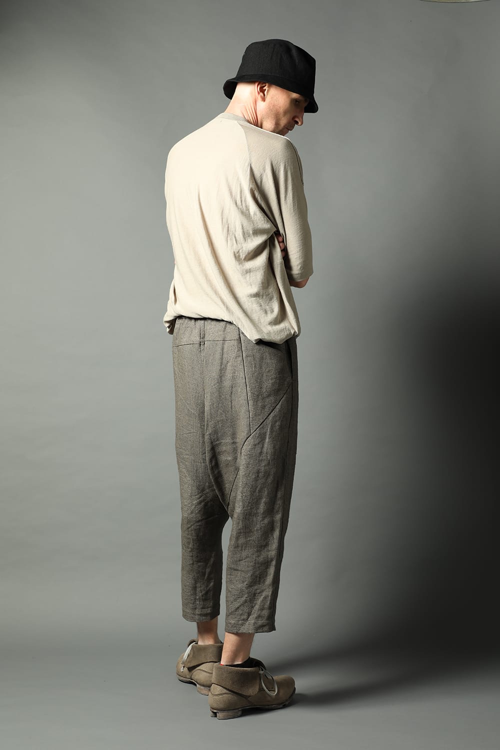 Dropcroch cropped pants silk linen crazy check  Beige Gray