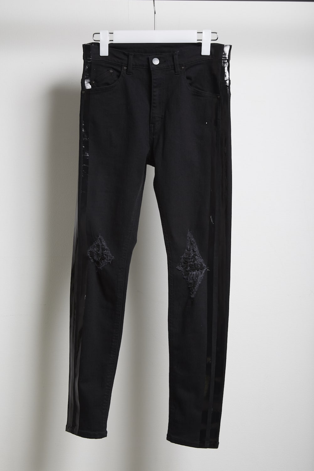 EX fit denim side line leggings pants (knee crash) Black × Black