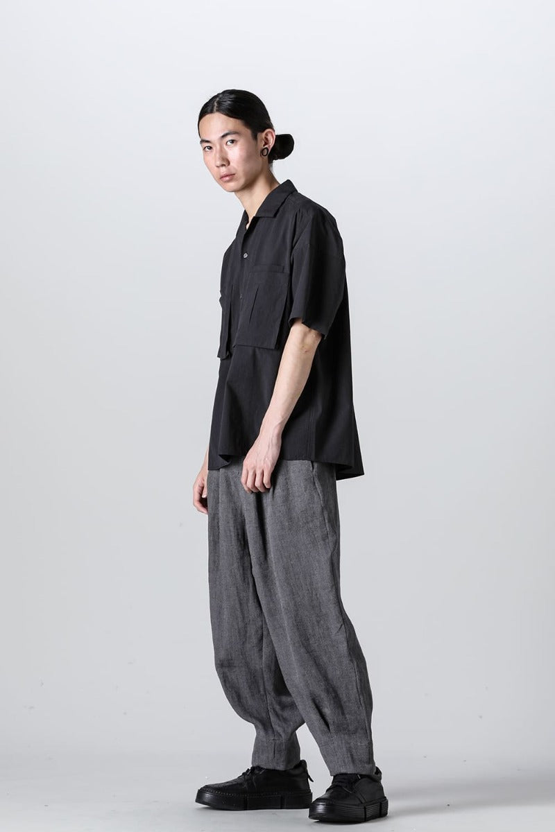 リネンヘリンボーンハイウエストワイドパンツ グレーブラック