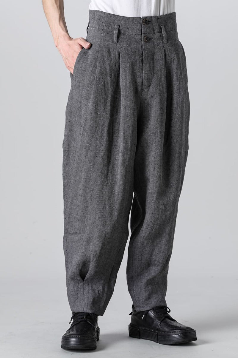 リネンヘリンボーンハイウエストワイドパンツ グレーブラック