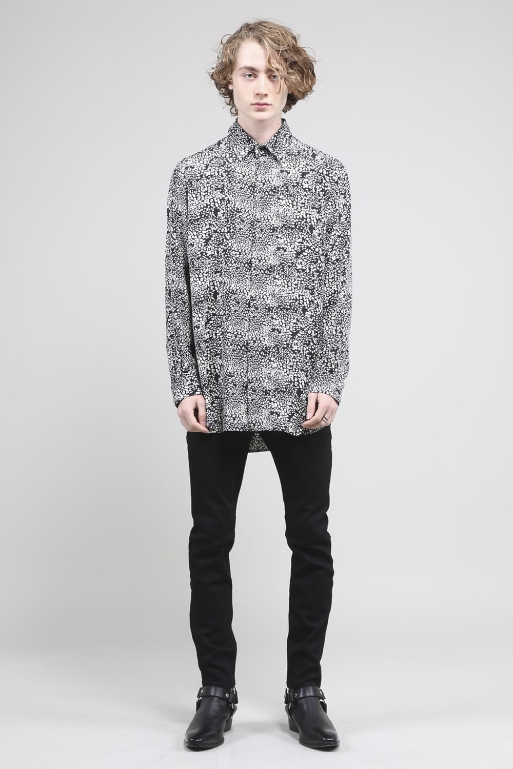 シフォンレオパードプリントシャツ ブラック オフホワイト