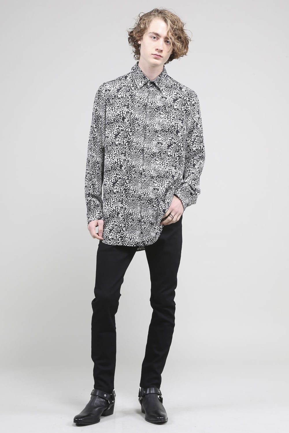 シフォンレオパードプリントシャツ ブラック オフホワイト