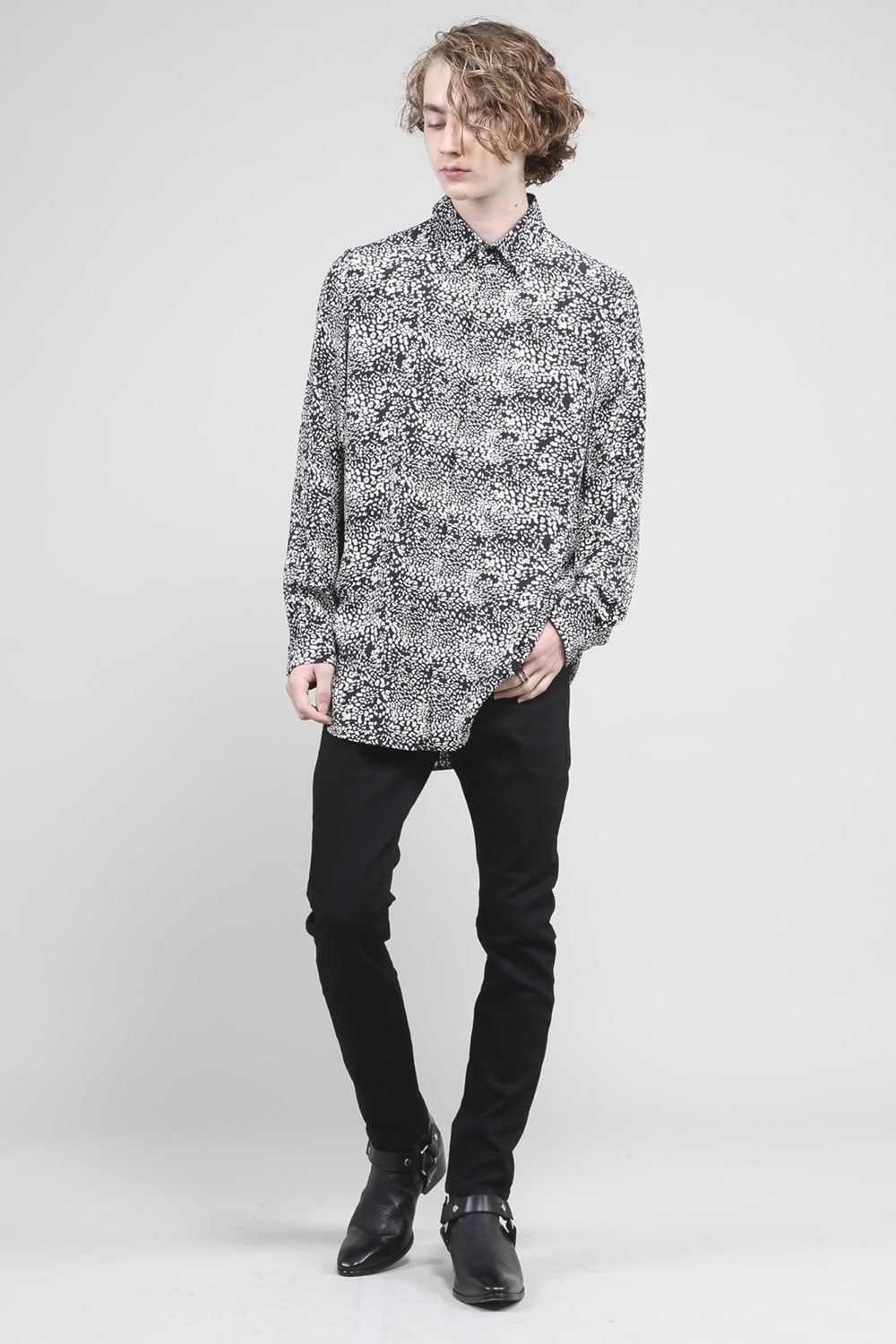 シフォンレオパードプリントシャツ ブラック オフホワイト