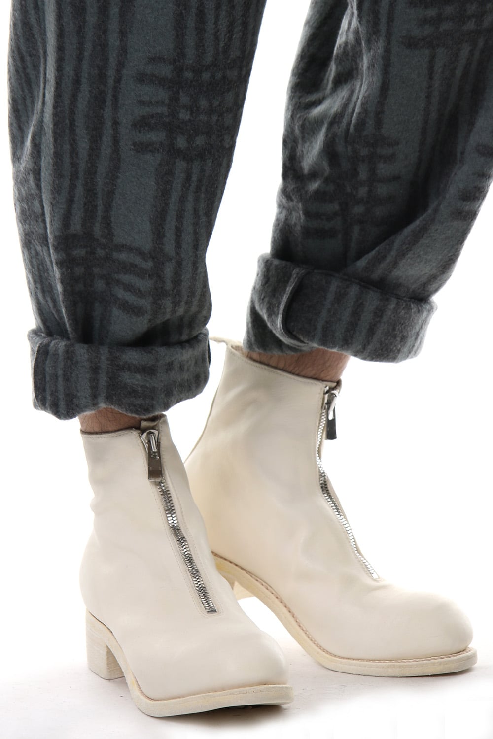 Front Zip Boots Double Sole - Horse Full Grain Leather White