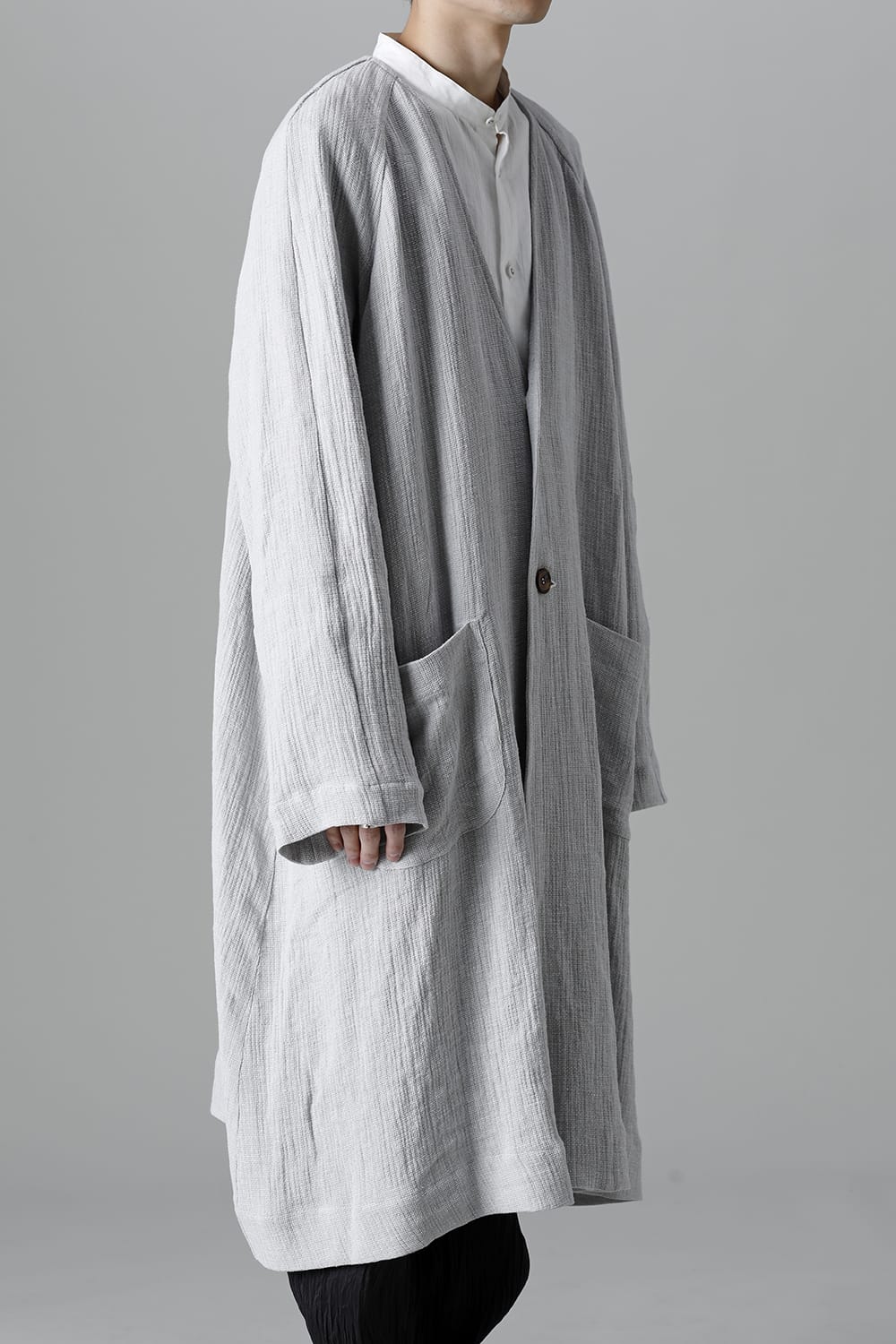 Collarless Coat Linen Gauze Beige