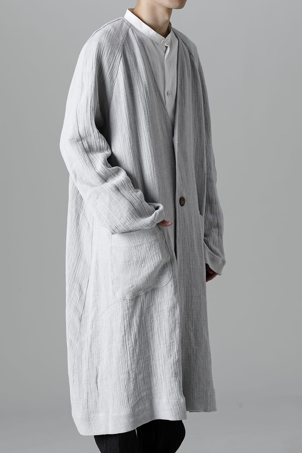 Collarless Coat Linen Gauze Beige