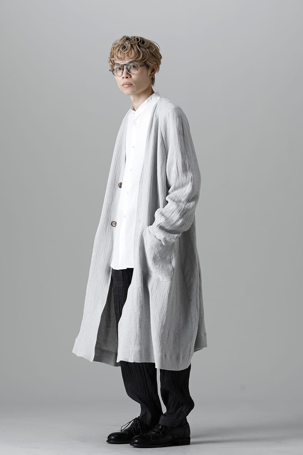 Collarless Coat Linen Gauze Beige