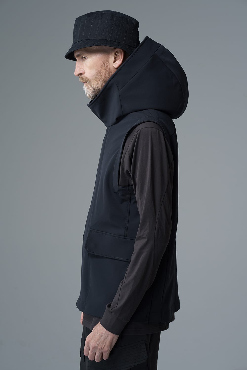 Sleeveless hooded jacket merino wool jersey bonding