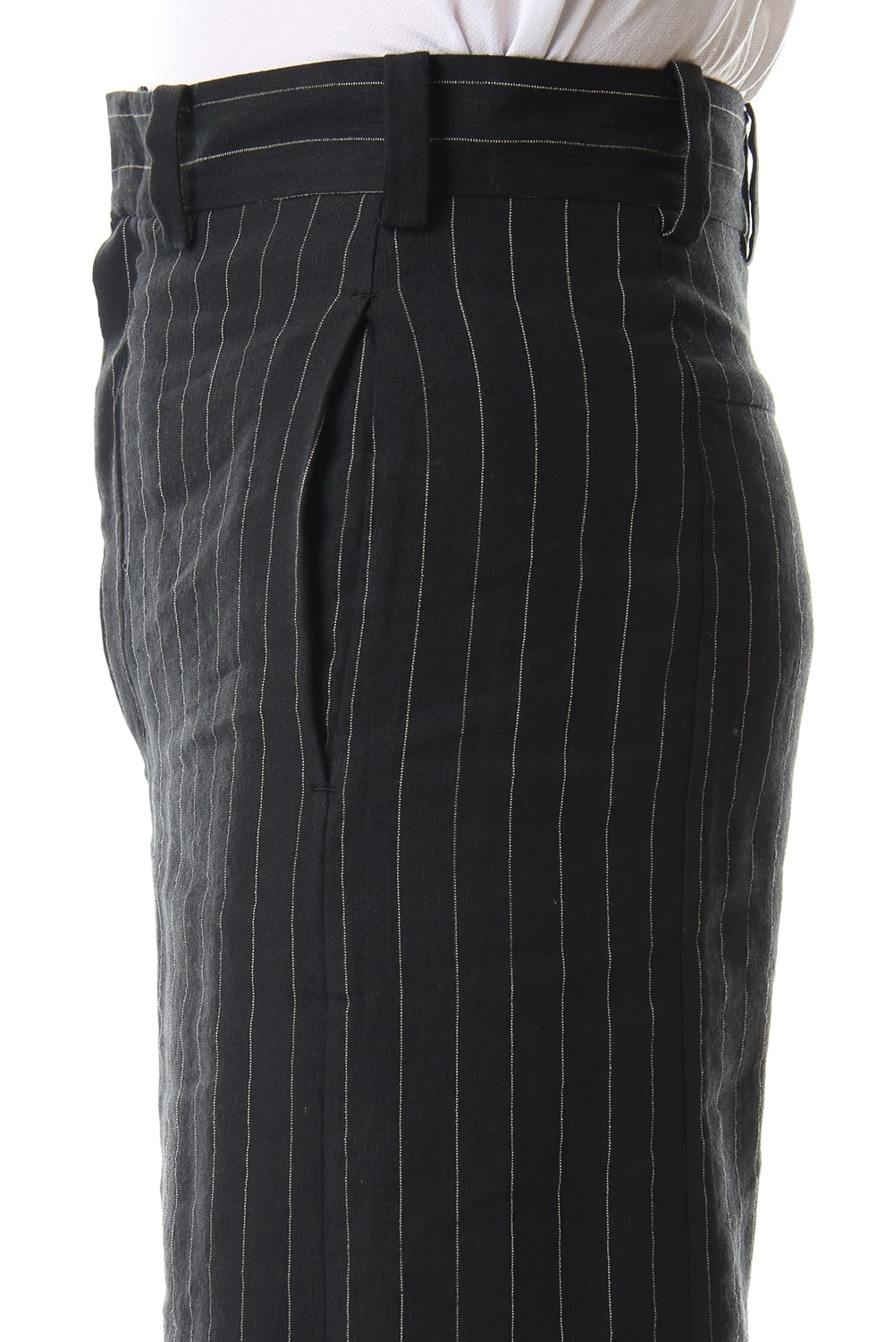 Baggy cropped pants Linen viscose stripe Black