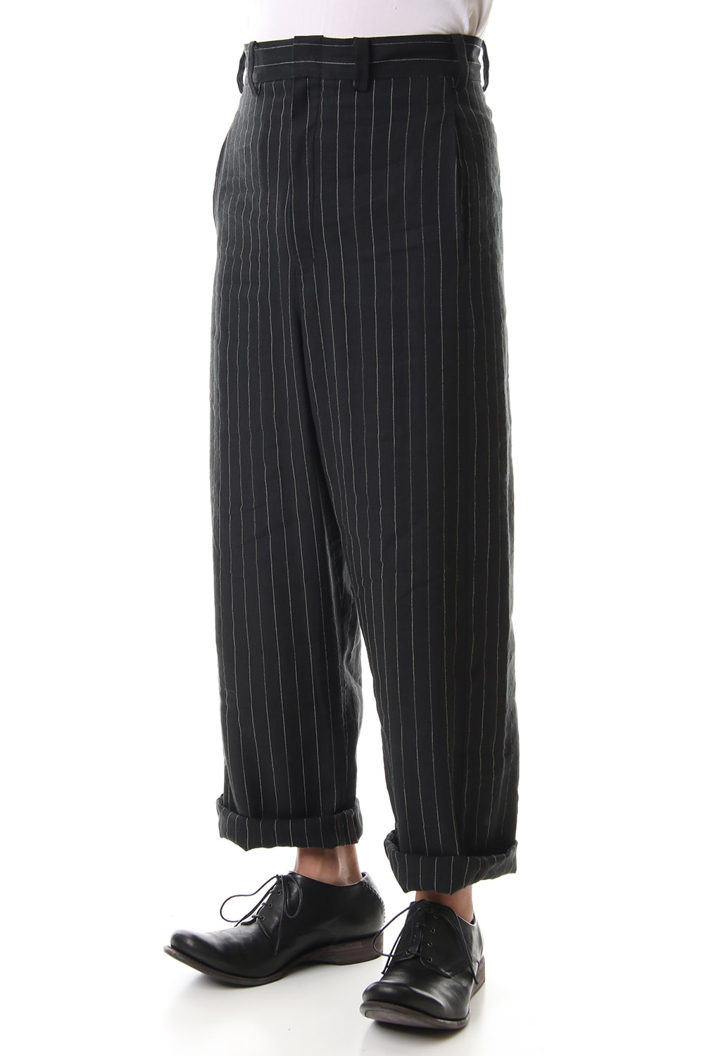 Baggy cropped pants Linen viscose stripe Black