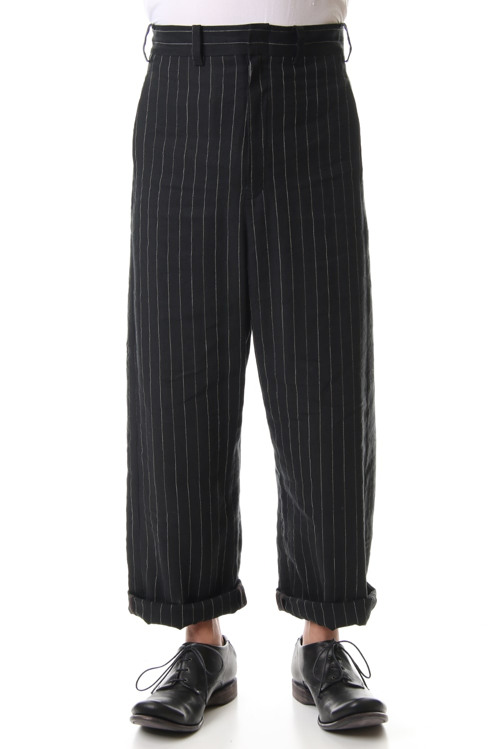 Baggy cropped pants Linen viscose stripe Black