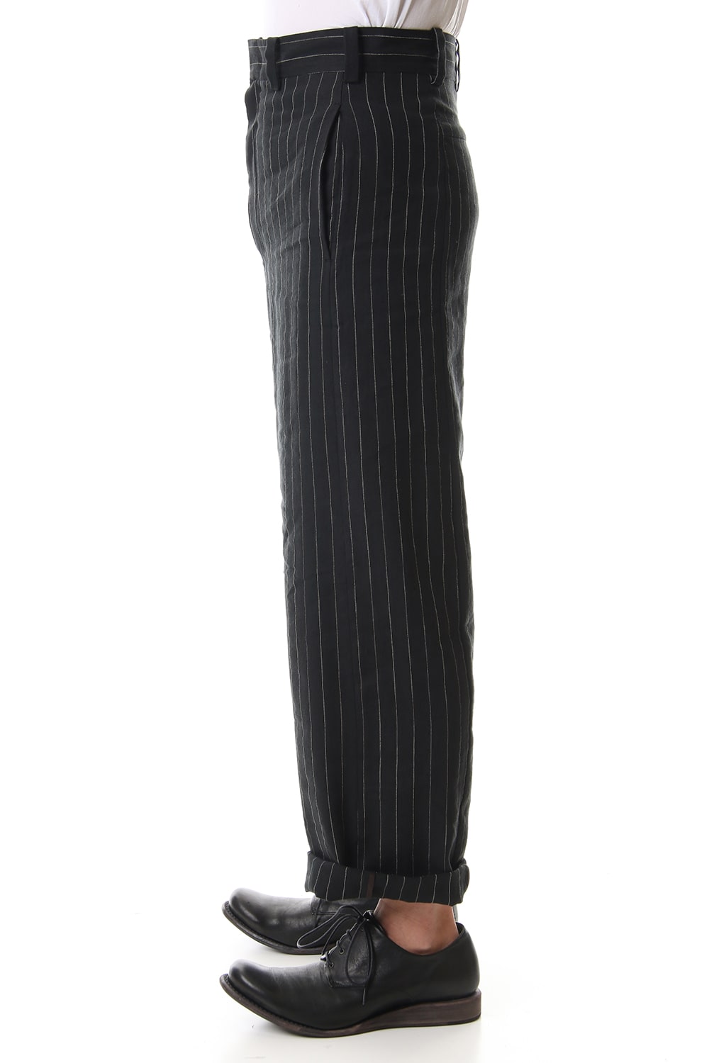 Baggy cropped pants Linen viscose stripe Black