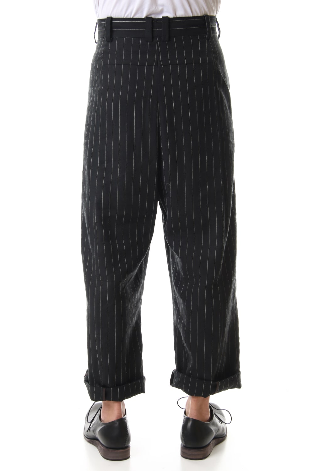 Baggy cropped pants Linen viscose stripe Black