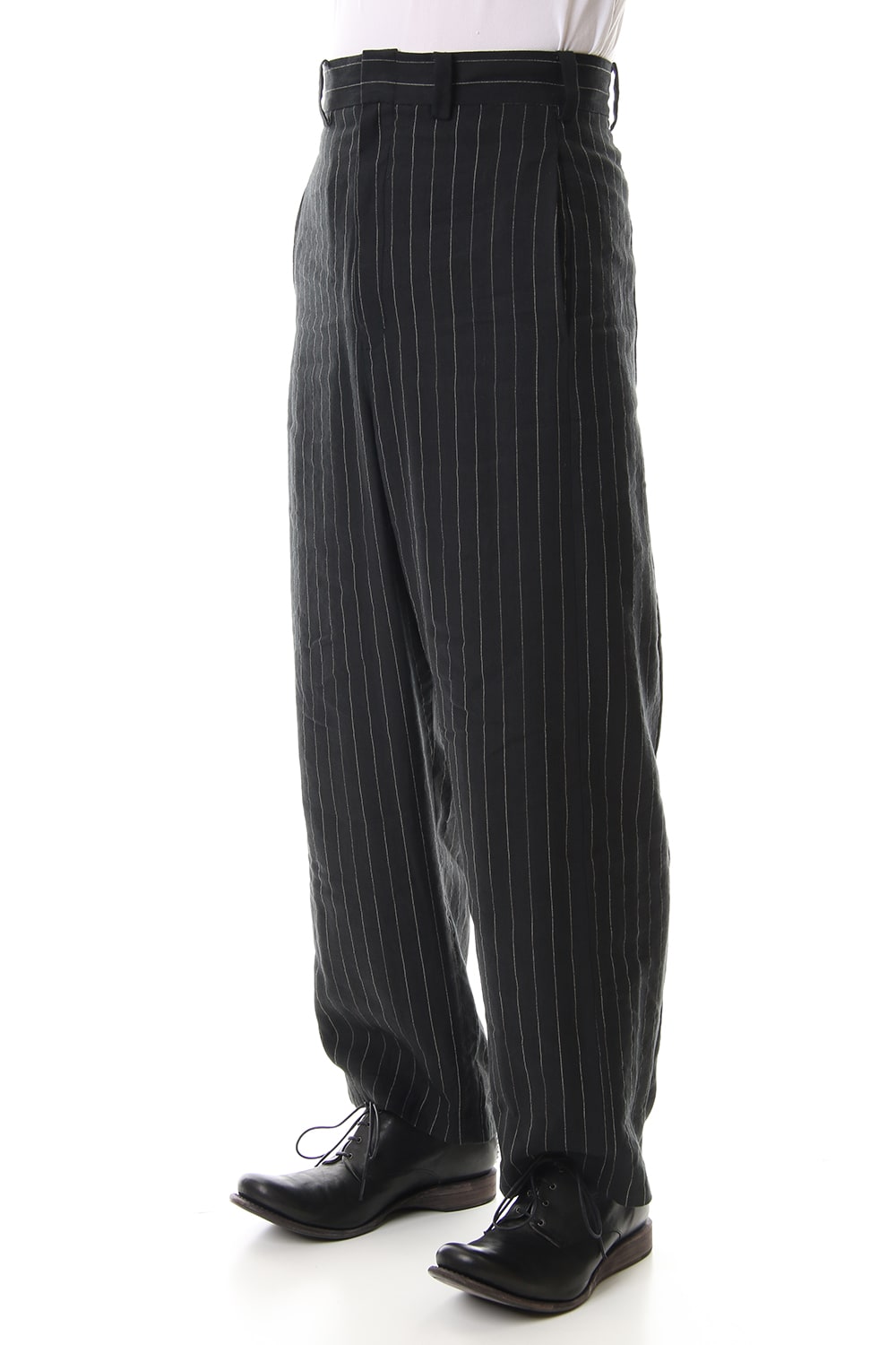 Baggy cropped pants Linen viscose stripe Black