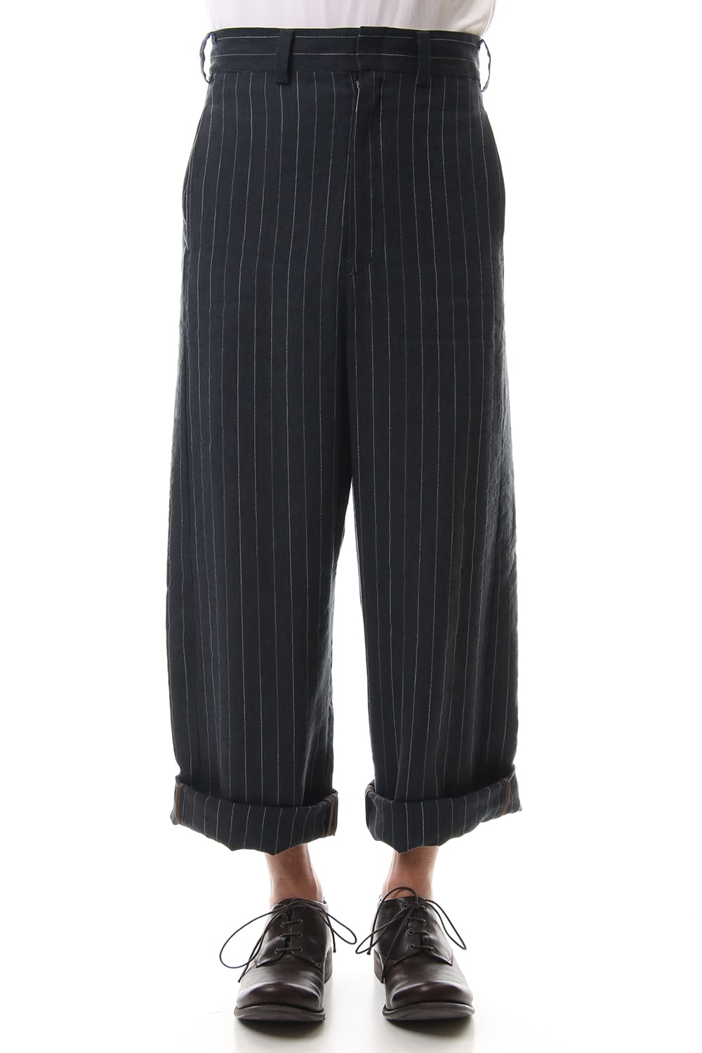 Baggy cropped pants Linen viscose stripe Dark Navy