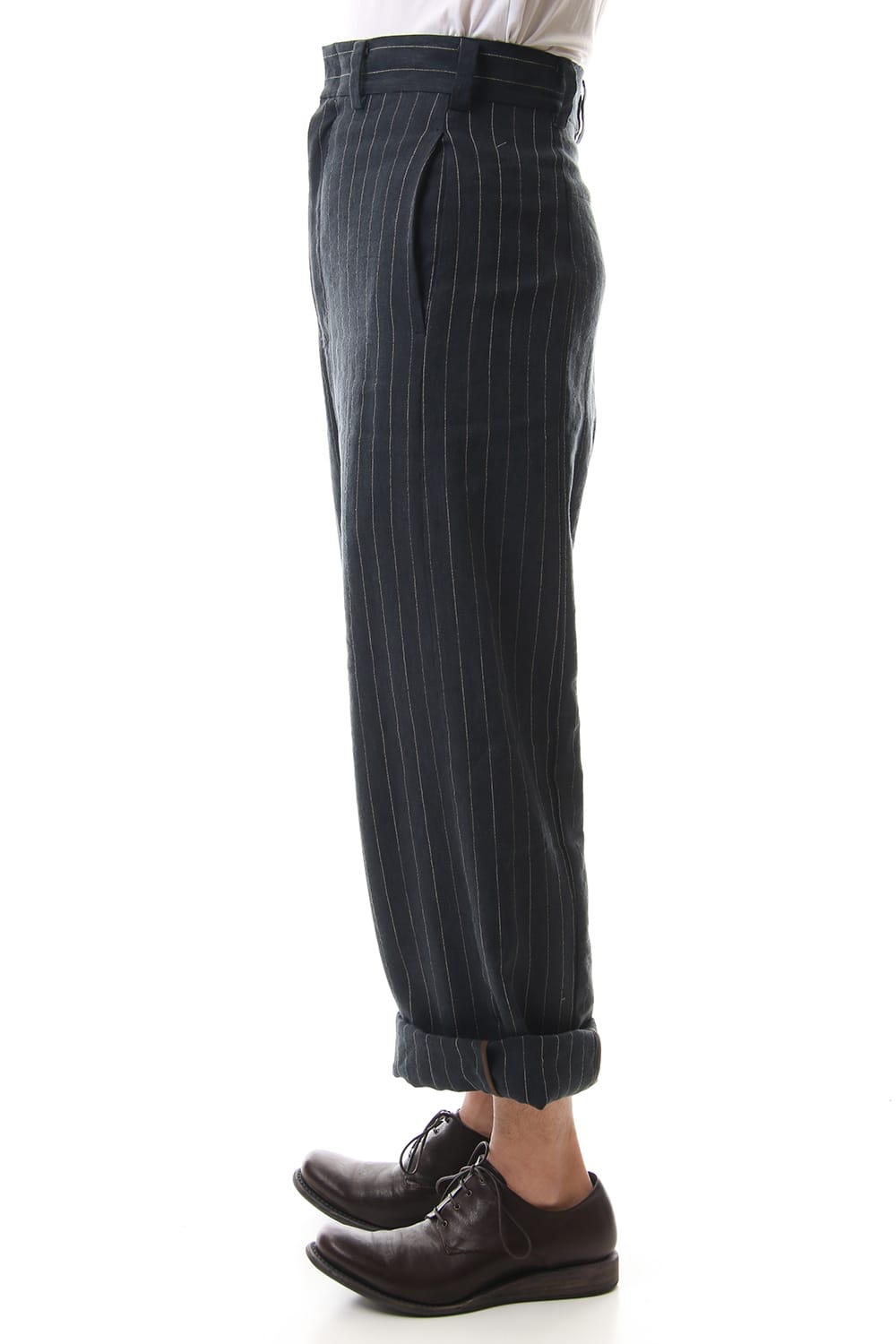 Baggy cropped pants Linen viscose stripe Dark Navy