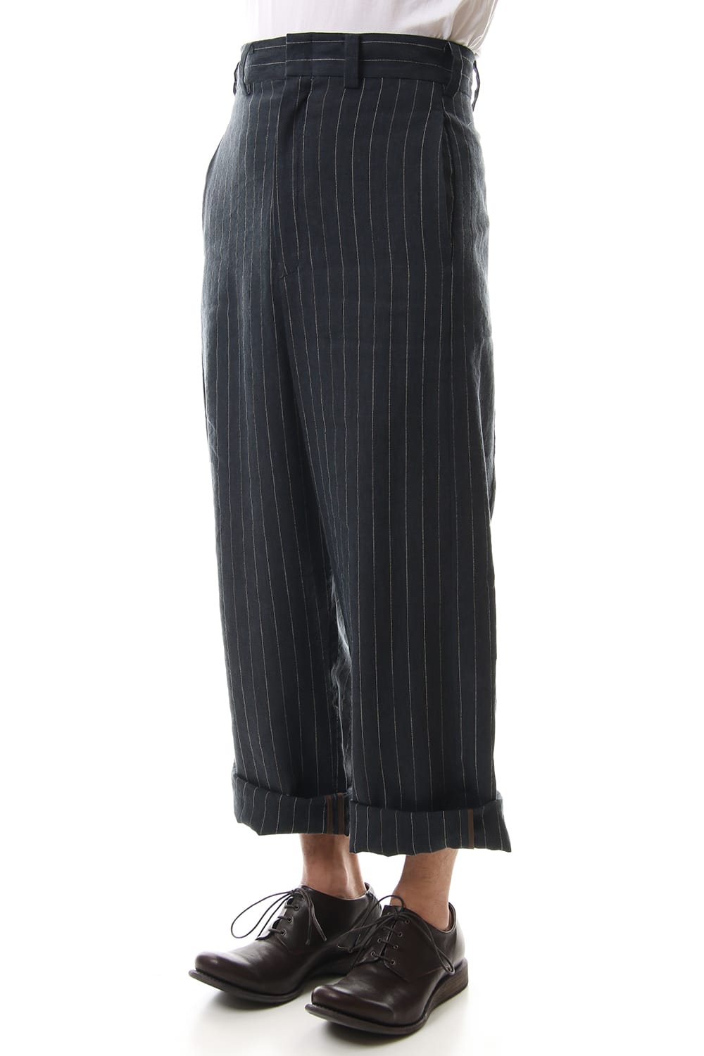 Baggy cropped pants Linen viscose stripe Dark Navy