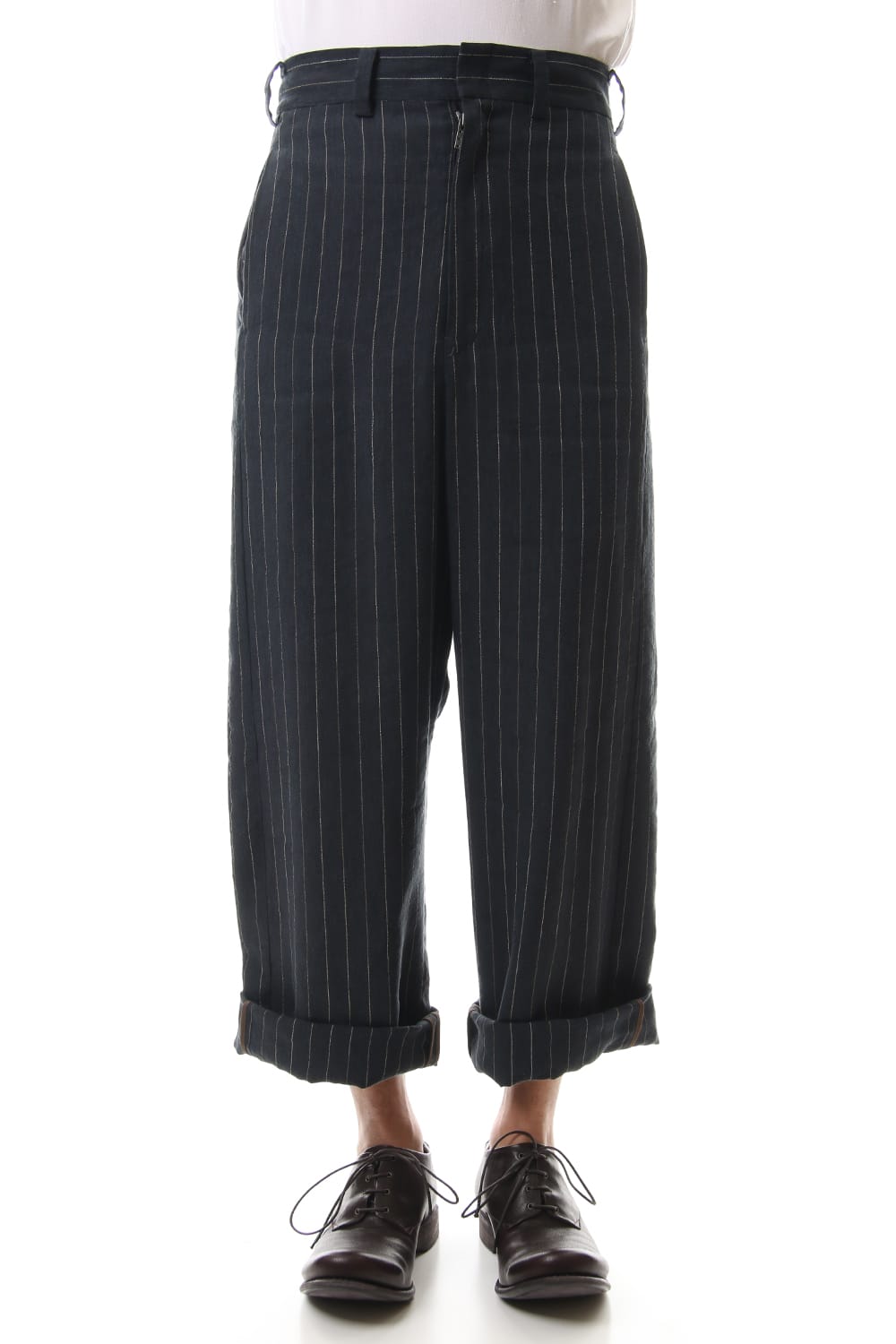 Baggy cropped pants Linen viscose stripe Dark Navy