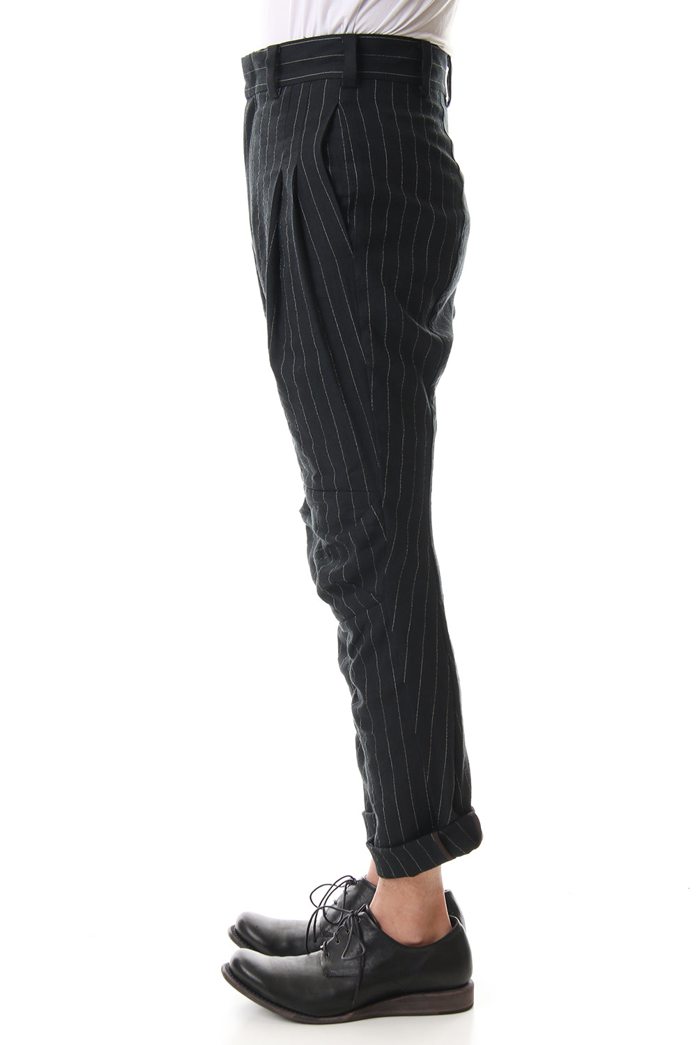 クロップド パンツ リネン ビスコース ストライプ Black