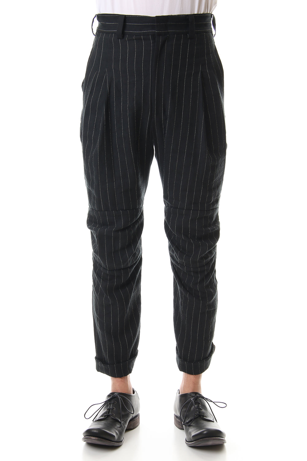 クロップド パンツ リネン ビスコース ストライプ Black