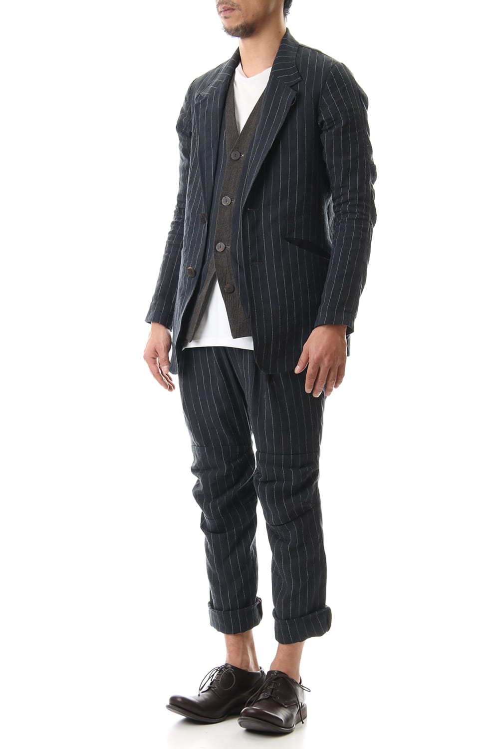 Cropped pants Linen viscose stripe Dark Navy