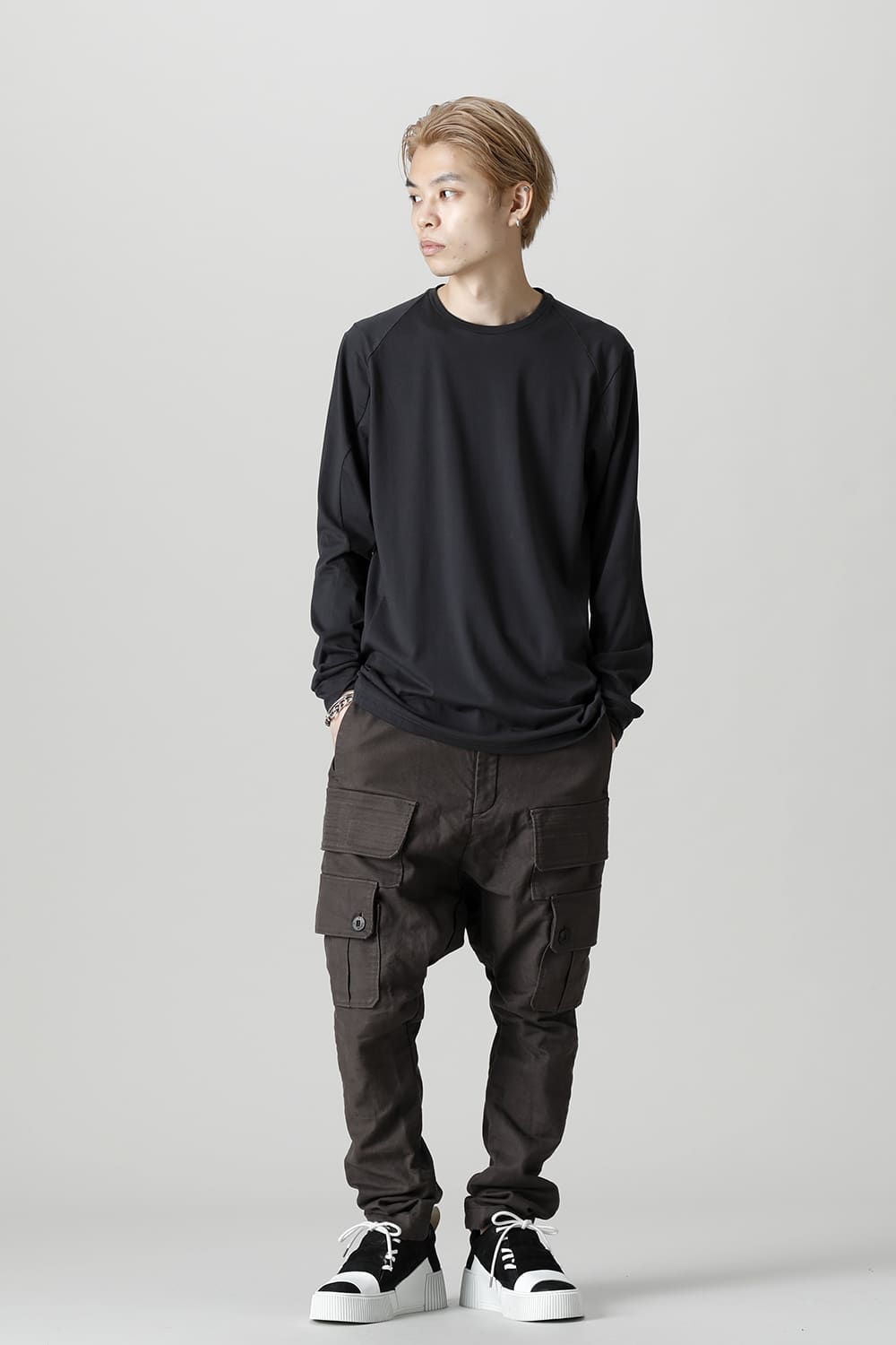 Cargo drop crotch pants Cavalry twill Garment wash lava Stone