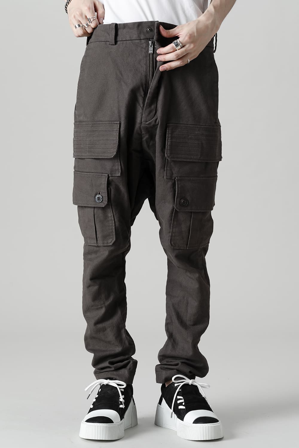 Cargo drop crotch pants Cavalry twill Garment wash lava Stone