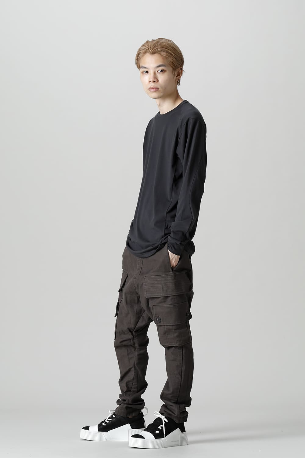 Cargo drop crotch pants Cavalry twill Garment wash lava Stone