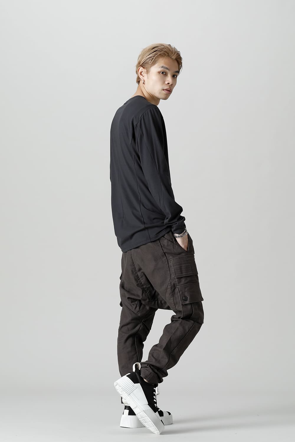 Cargo drop crotch pants Cavalry twill Garment wash lava Stone