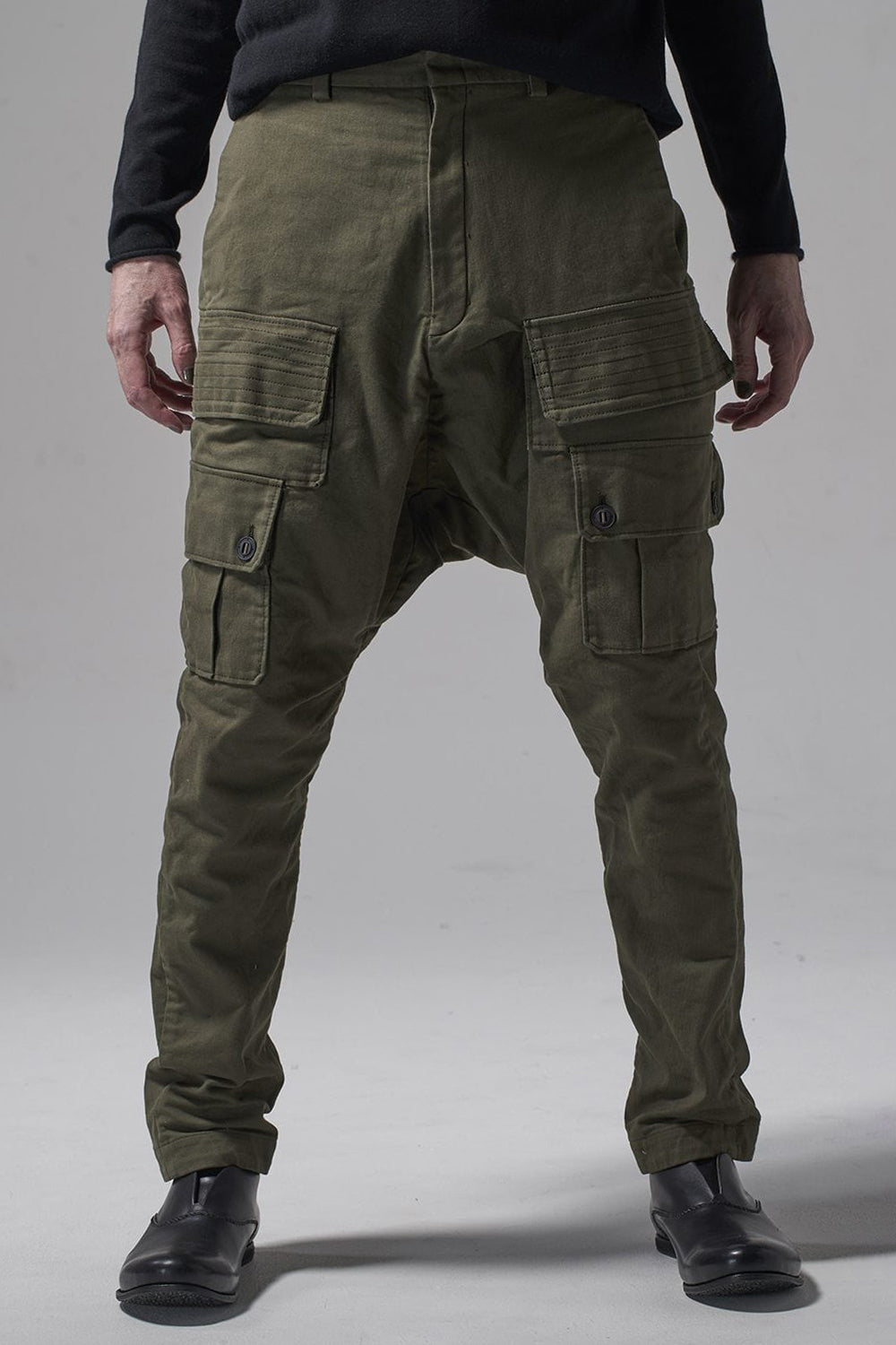 Cargo drop crotch pants Cavalry twill Garment wash Olive