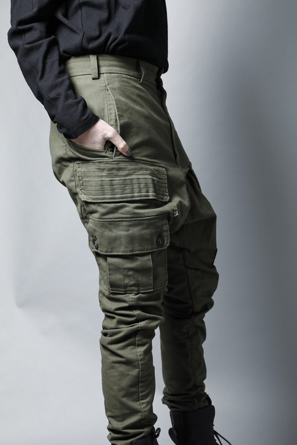 Cargo drop crotch pants Cavalry twill Garment wash Olive