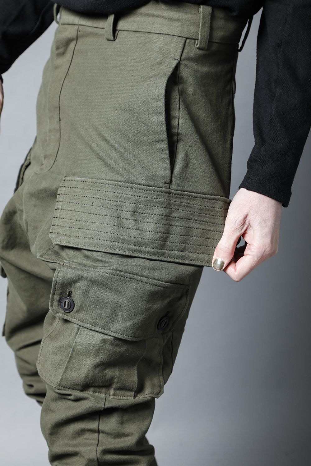 Cargo drop crotch pants Cavalry twill Garment wash Olive