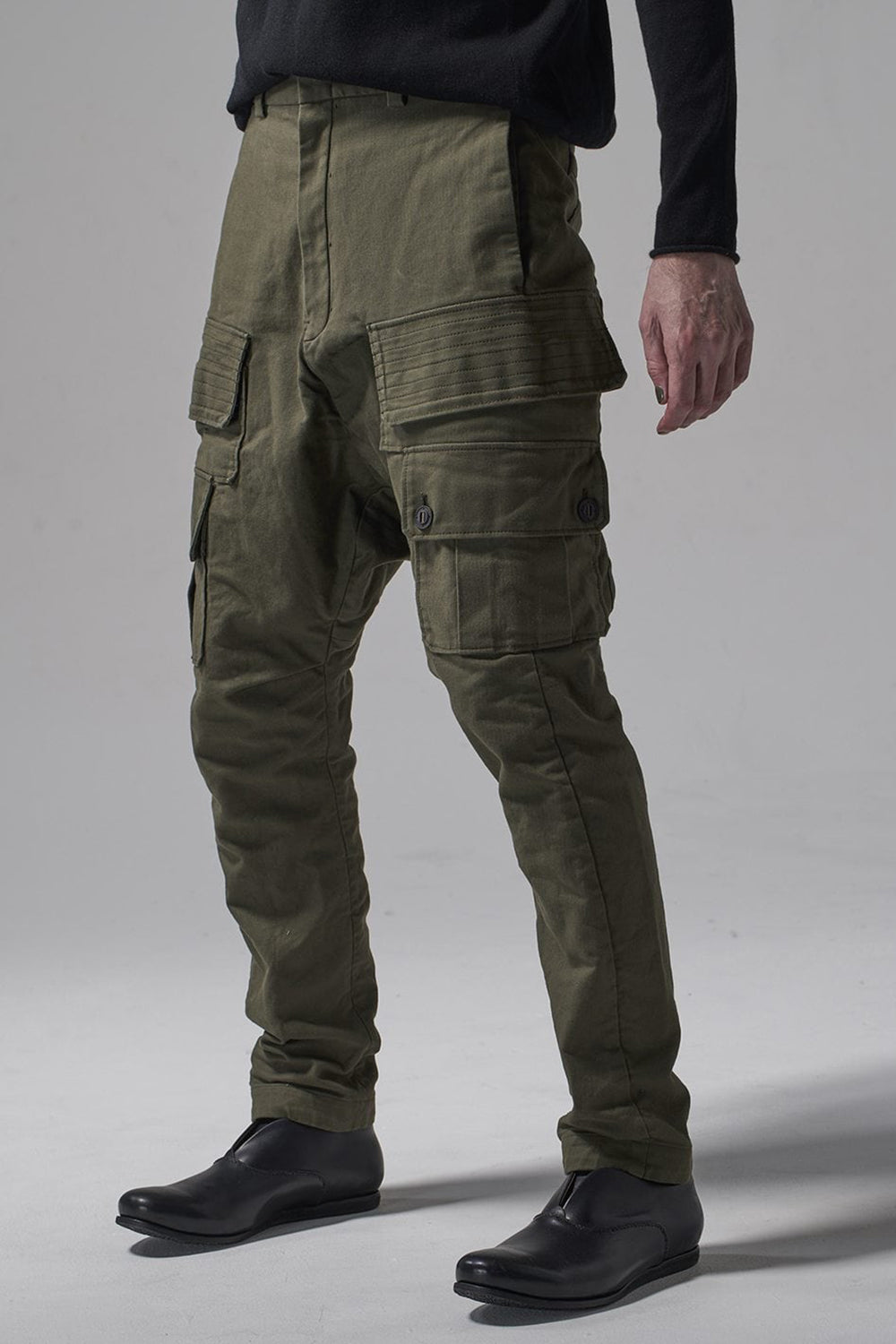 Cargo drop crotch pants Cavalry twill Garment wash Olive