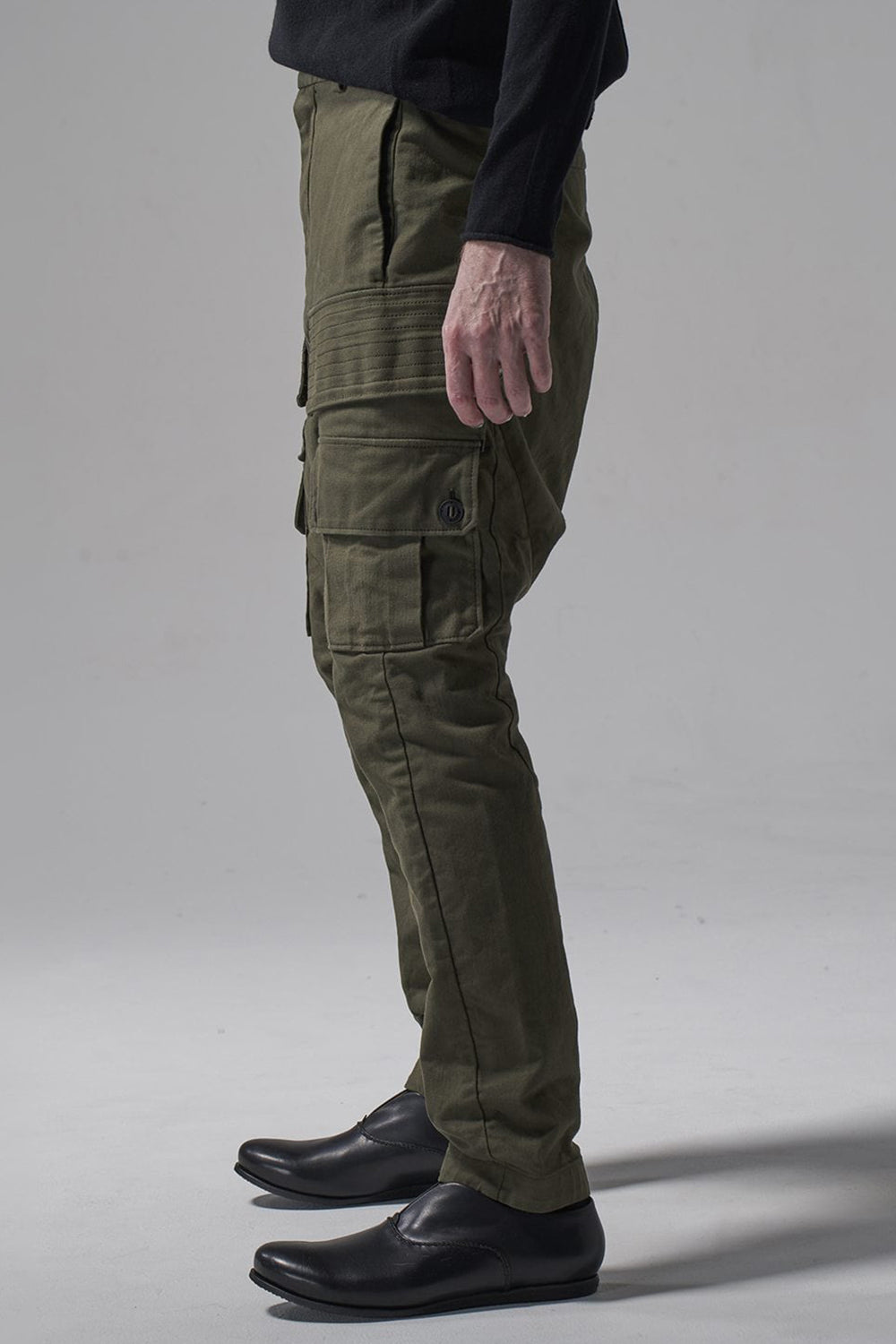 Cargo drop crotch pants Cavalry twill Garment wash Olive