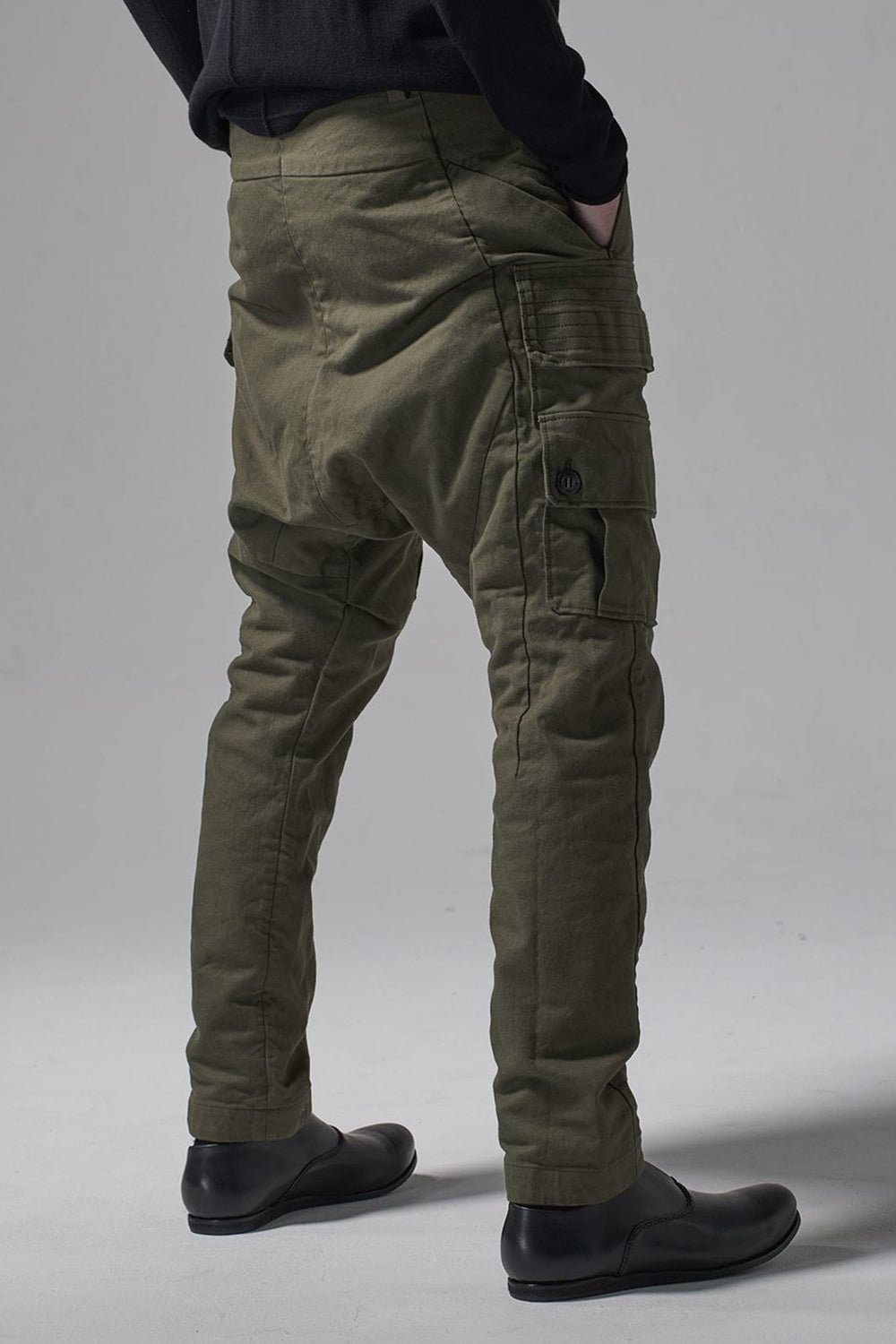 Cargo drop crotch pants Cavalry twill Garment wash Olive