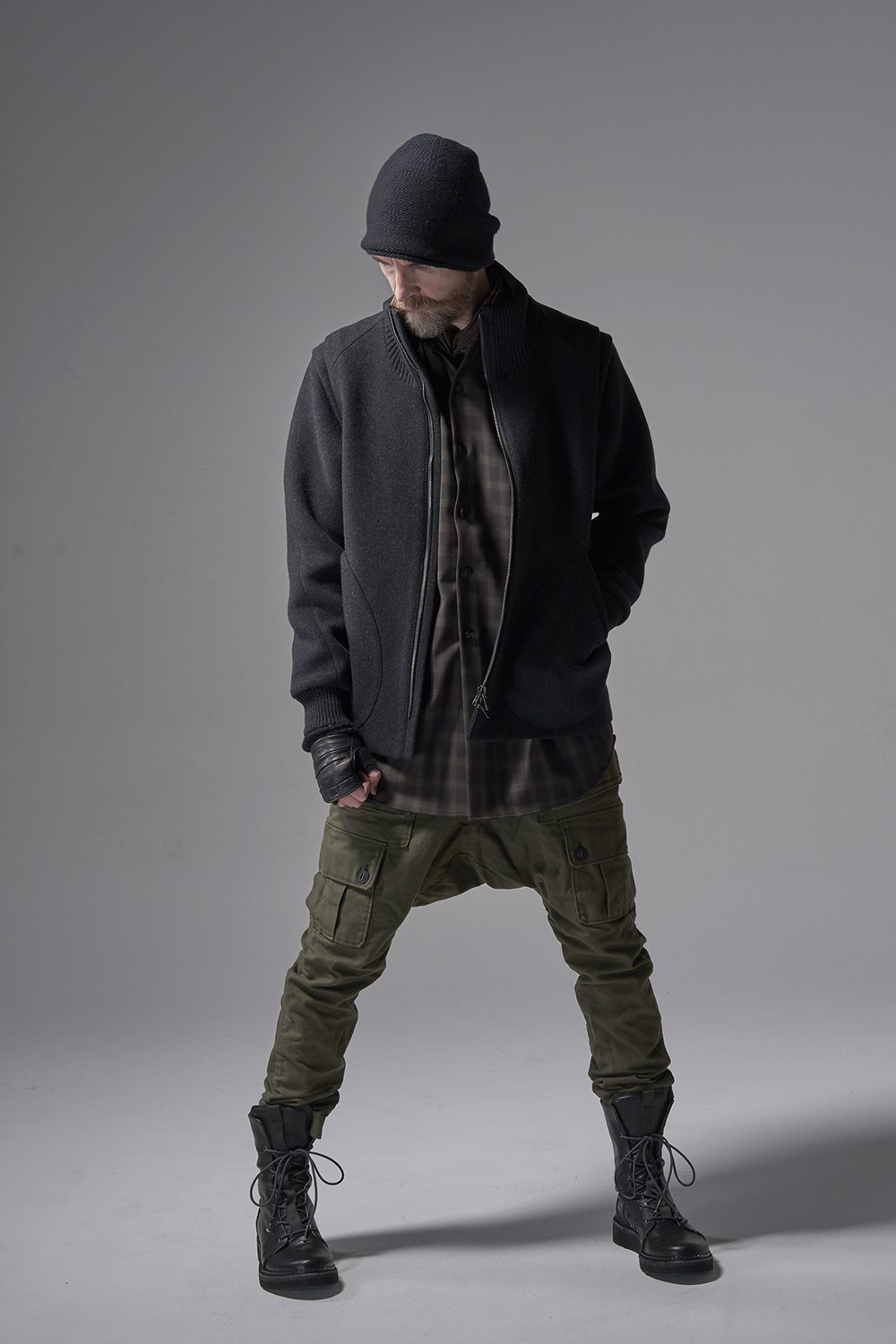 Cargo drop crotch pants Cavalry twill Garment wash Olive