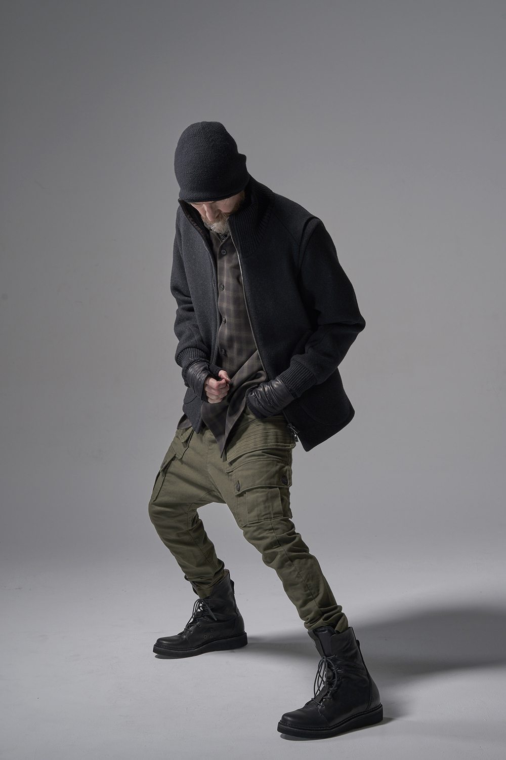 Cargo drop crotch pants Cavalry twill Garment wash Olive