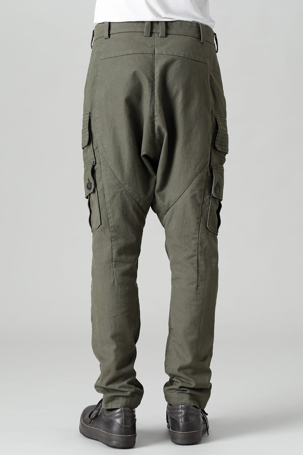 Cargo drop crotch pants Cavalry twill Garment wash Olive