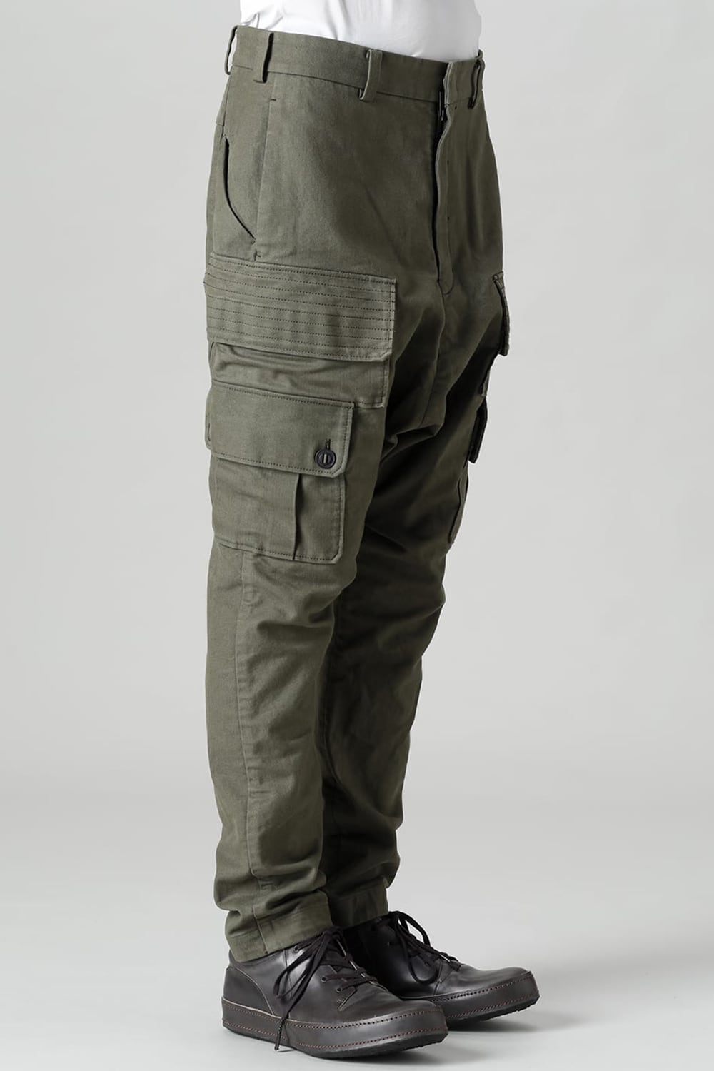 Cargo drop crotch pants Cavalry twill Garment wash Olive