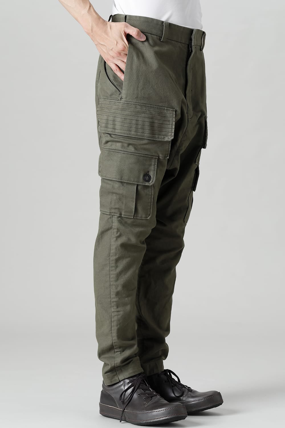 Cargo drop crotch pants Cavalry twill Garment wash Olive