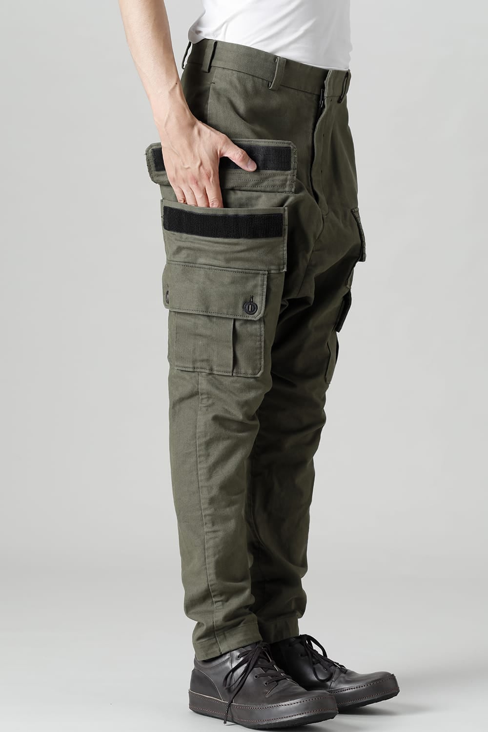 Cargo drop crotch pants Cavalry twill Garment wash Olive